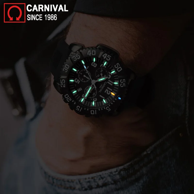 Carnival Tritium Watch Men Sport Diver Chronograph Mens Watches Top Brand Luxury Quartz Wristwatch Luminous Clock montre homme | Наручные