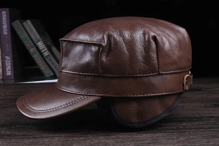 RY109 мужские темно синие Шапки из натуральной кожи с защитой от ветра и ушей теплые