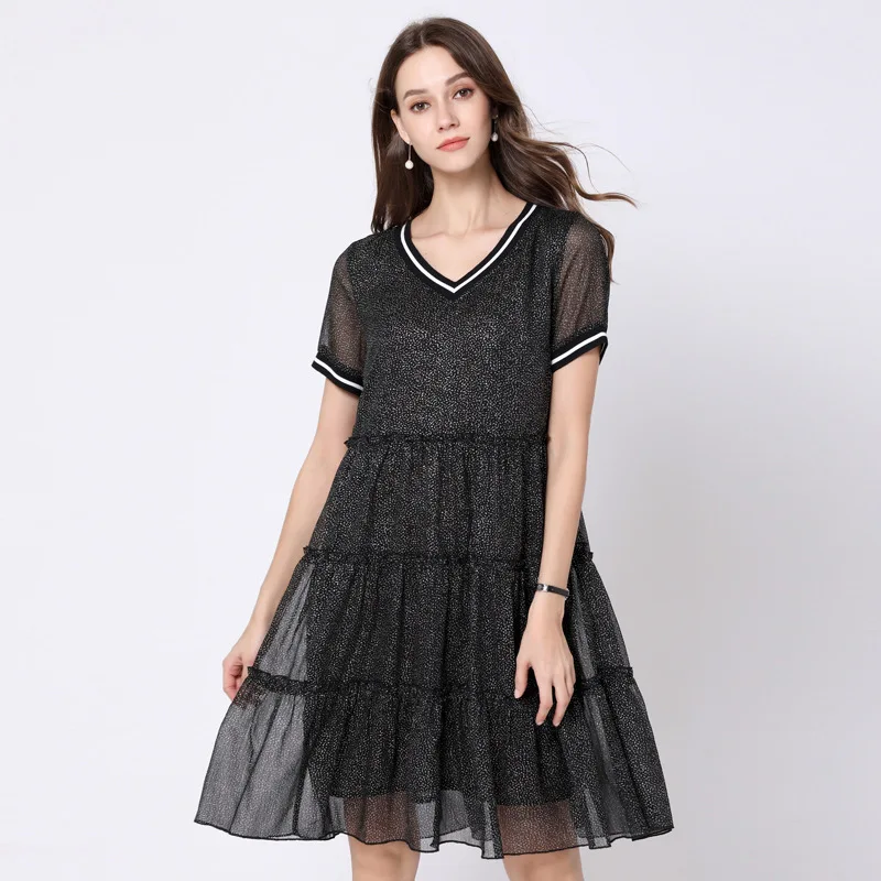 Милое шифоновое платье в горошек элегантное свободное вечернее с каскадными