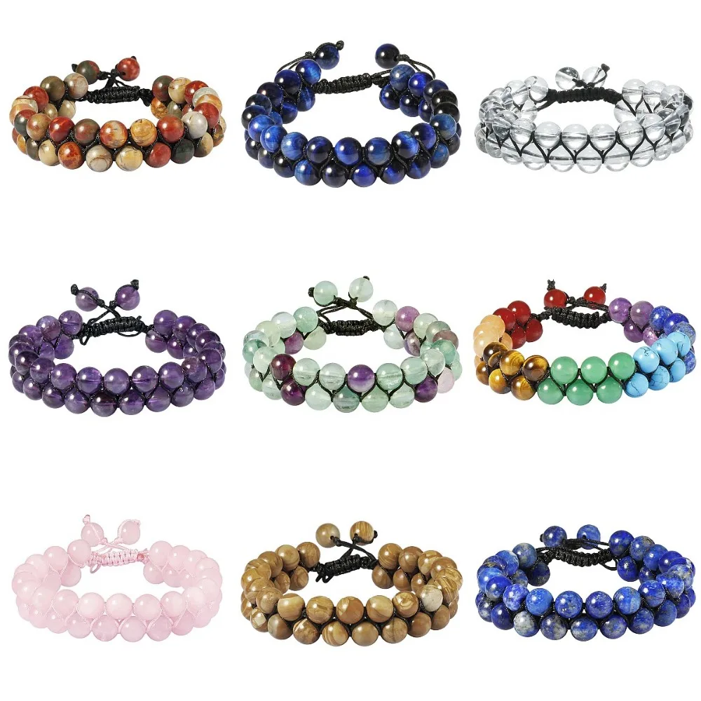 

SUNYIK 8mm Gem stone Beads Double Layer Wrap Bracelets Adjustable Braided Bangle for Women Men