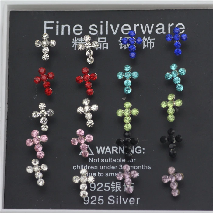 

Women's Fashion 925 Sterling Silver Stud Earrings Cross Earring Mixed Color Crystal Earring Jewellery 20PCS/B