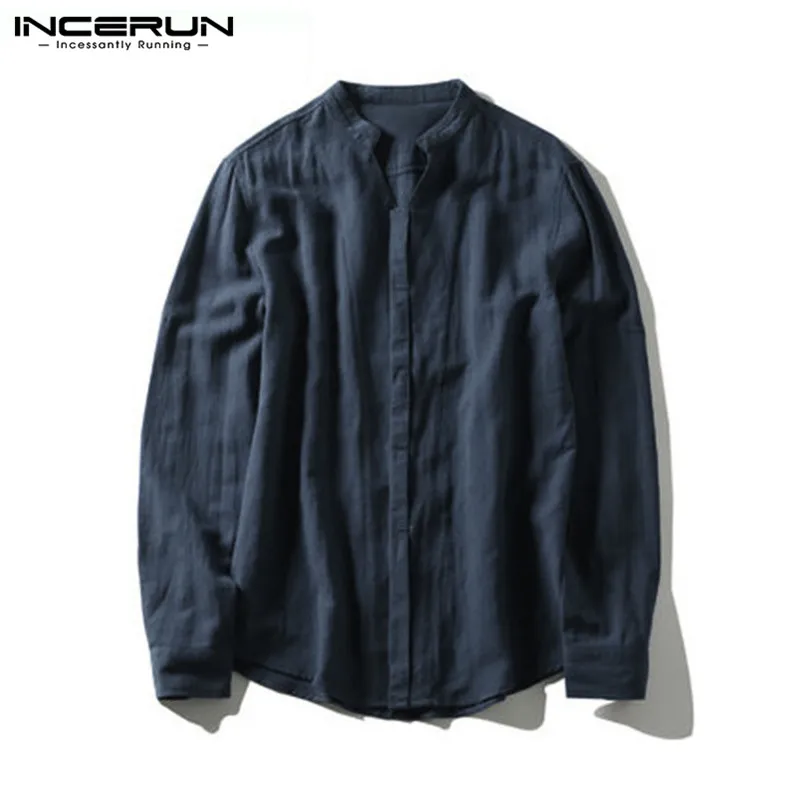 Navy Shirt INCERUN, хлопок, льняная рубашка, мужская, Ретро стиль, длинный рукав, стоячий воротник, однотонный, мужские топы, повседневная, китайский стиль, рубашка для мужчин, Camisa 5XL - Цвет: Navy Shirt