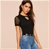 SHEIN элегантная женская черная однотонная облегающая футболка с контрастным сетчатым рукавом и вырезами, летняя футболка с коротким рукавом