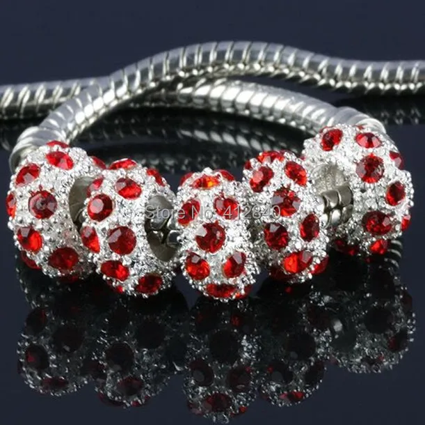 

50 PCs Silver Plated Red Rhinestone Spacers Beads Fit Charm Bracelets 10x6mm