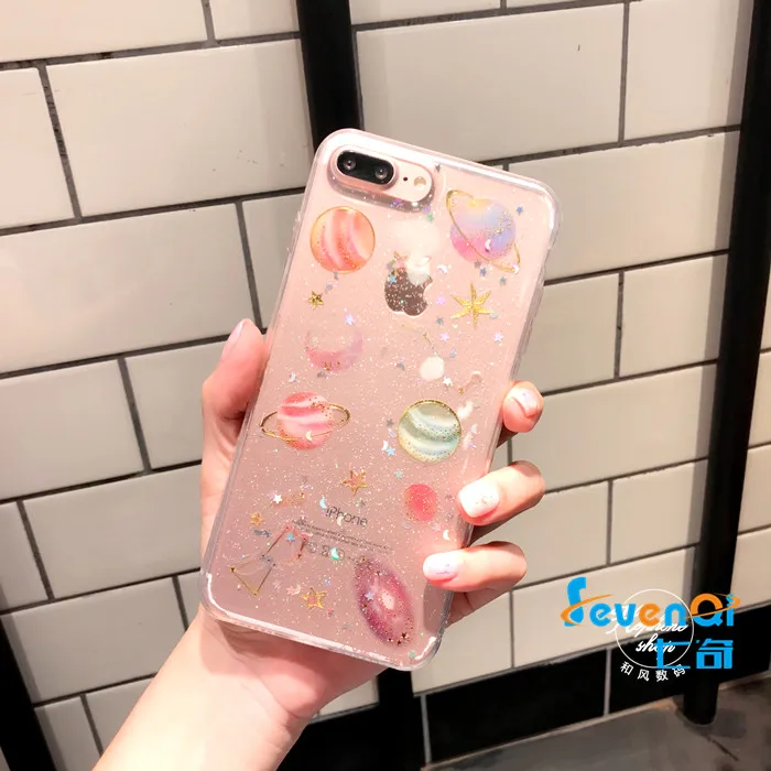 Sevenqi Роскошный блеск звезд Чехол для iPhone 7 плюс 6 6S сверкающих Сатурн Луна кремния