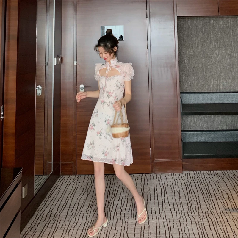 Шифоновое платье с цветочным узором во французском стиле приталенное cheongsam