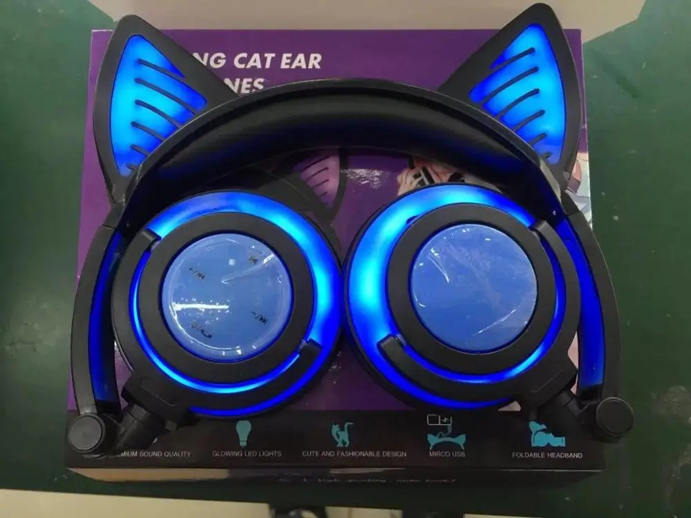 Синий Беспроводные наушники с кошачьими ушками, bluetooth-наушники, микрофон, мигающая светящаяся гарнитура, светодиодный светильник для ПК, ноутбука, детские наушники - Цвет: Синий