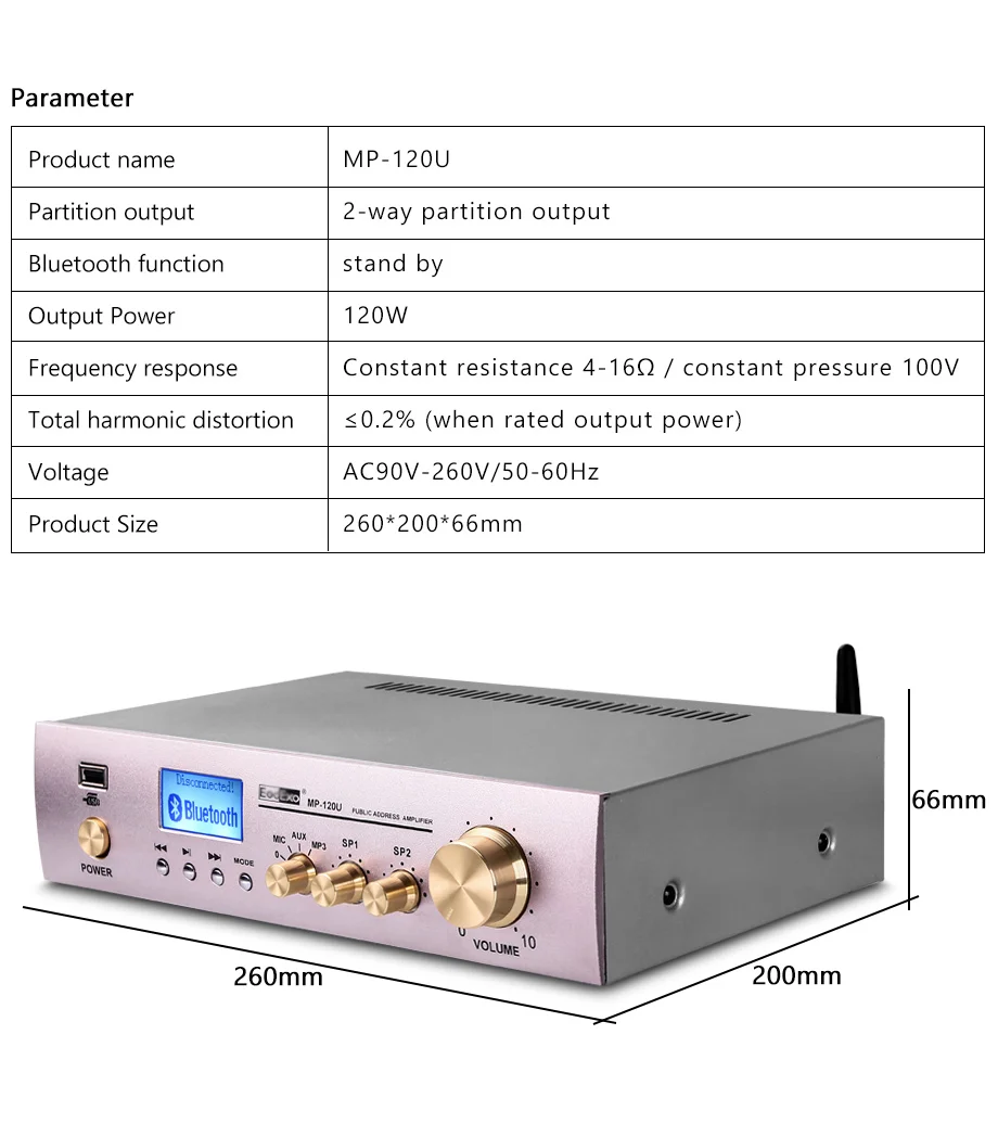 Oupushi 120 Вт 2 раздела управления Поддержка для воспроизведения USB MIC вход FM Bluetooth маленький усилитель