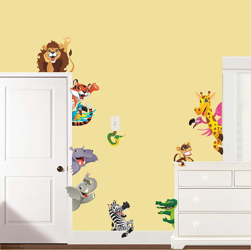 

Jungle Animals Wall Stickers For Kids Rooms Door Decoration Diy Home Decals Lion Elephant Giraffe Cartoon Pvc Mural Art Posters