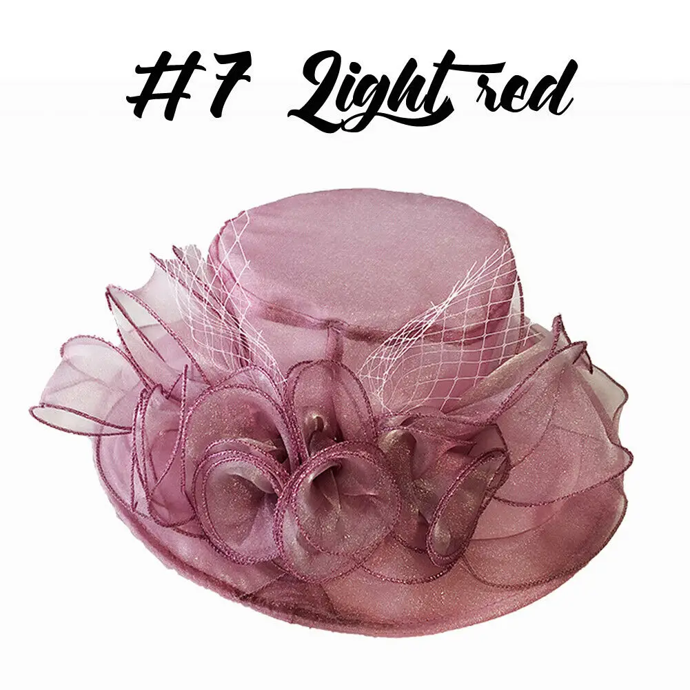 Light red Женские шляпы с цветочным принтом в стиле Кентукки Дерби, шляпа от солнца с широкими полями, свадебные вечерние шляпы из органзы - Цвет: Light red