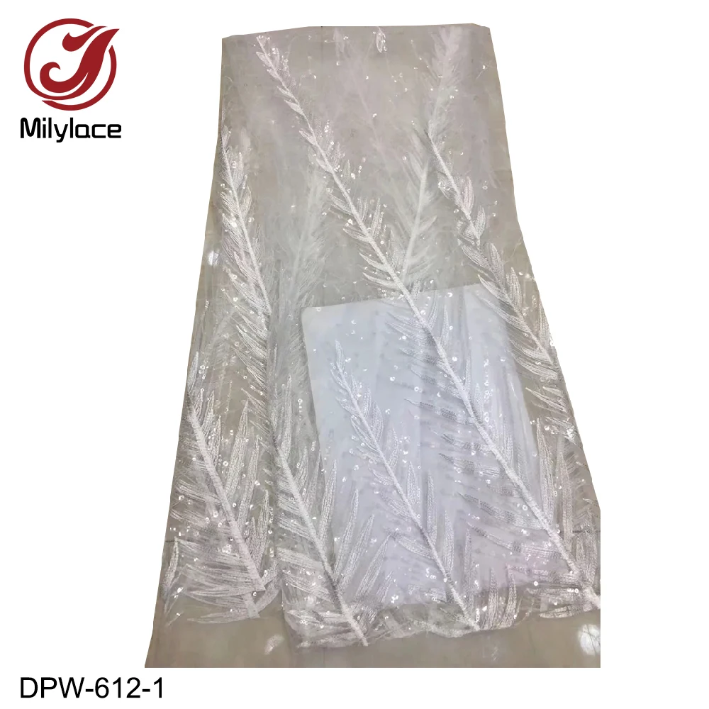 Milylace нигерийская Кружевная Ткань 5 ярдов блестящее расшитое блестками Сетчатое кружево с вышивкой перьев для вечерние платья DPW-612