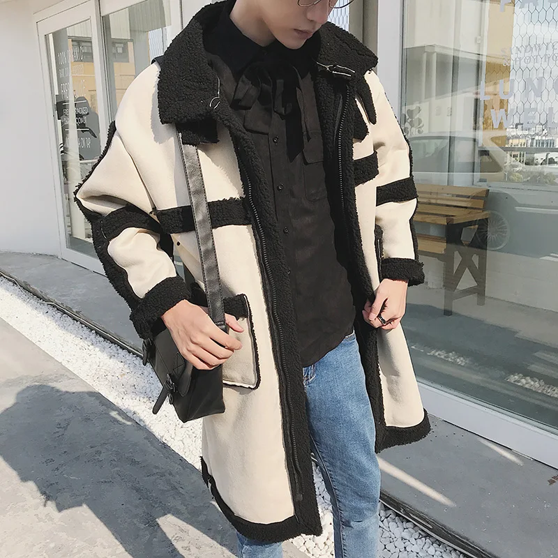 Khaki black Контрастная Мужская теплая зимняя куртка из овечьей шерсти, Тренч, Мужское пальто из шерпы, Мужское пальто большого размера, Мужское пальто, манто, длинное Мужское пальто - Цвет: Khaki black