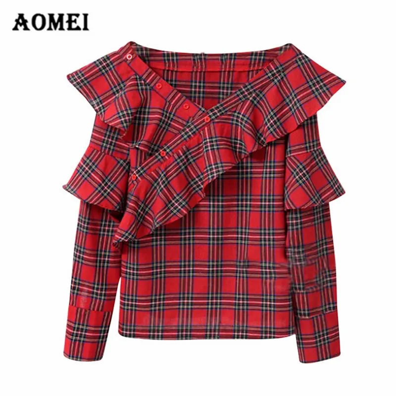 Summer Blouse Shirt Fashion Tops with Ruffles Button up Blusas Casual Girls Plaid Gingham Elegant Ladies Women Clothing |