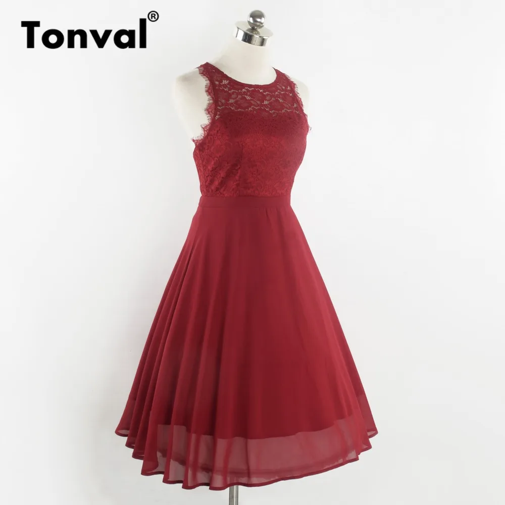 Женское винтажное платье Tonval бордовое шифоновое с открытой спинкой без
