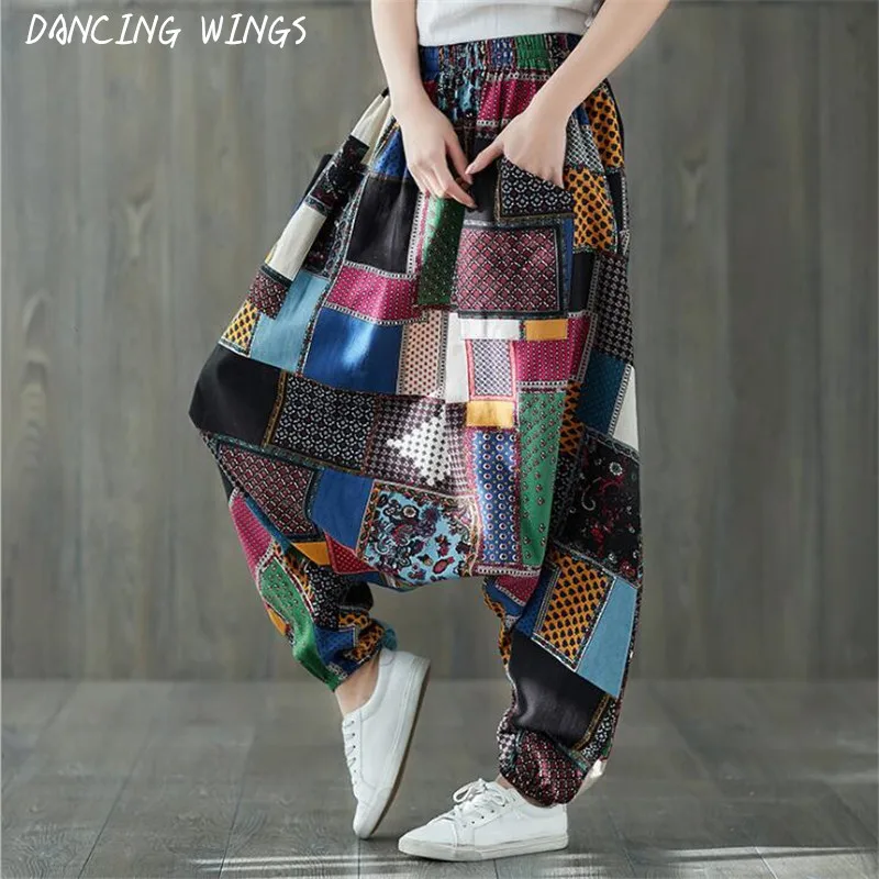 Национальный Ветер Печать промежности Штаны Хлопок Лен большой ярдов фонарь