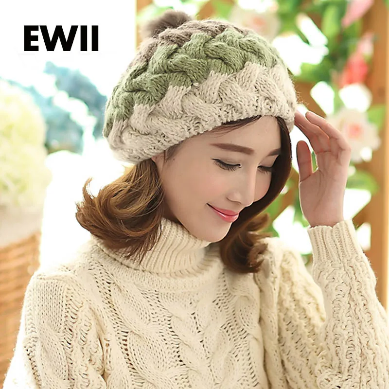 Женская вязаная шапка с помпоном из кроличьего меха модная зимняя шляпка для