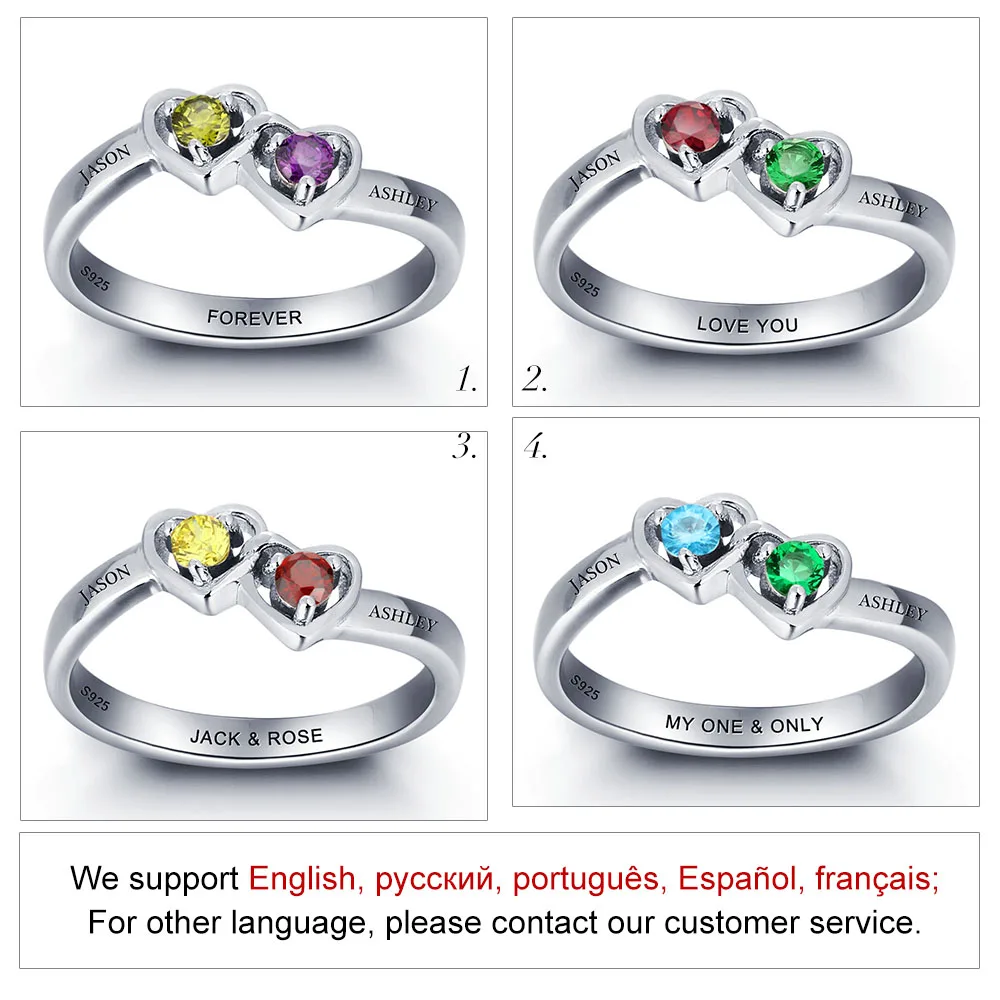 Personalized 925 Sterling Silver Name Ring Mother Rings With Birthstones Heart Shape DIY Gift Fine Jewelry For Women (RI101958) | Украшения