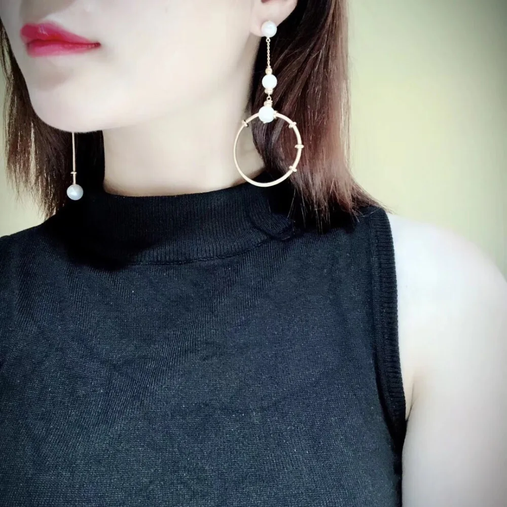 ANI 14K Roll Gold Handmade Women Drop Earring Natural Freshwater White Pearl Long Gold Earring Dangle brincos para as mulheres