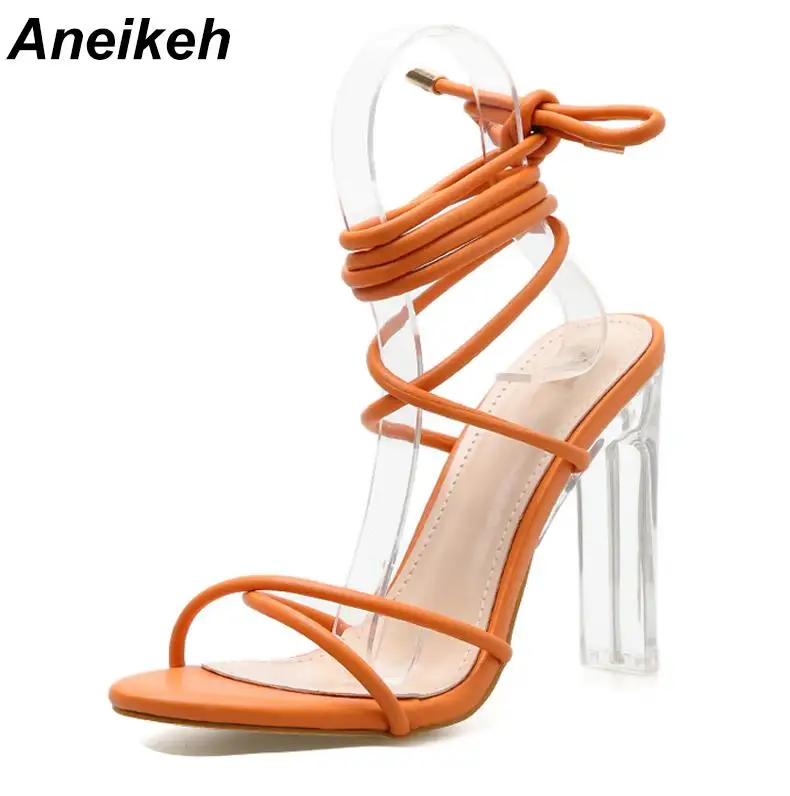 Orange yellow Aneikeh/ г. летний высокий каблук из плексигласа женские сандалии-гладиаторы пикантные босоножки на тонком каблуке с перекрестной шнуровкой Дамская обувь размер 35-40 - Цвет: Orange yellow