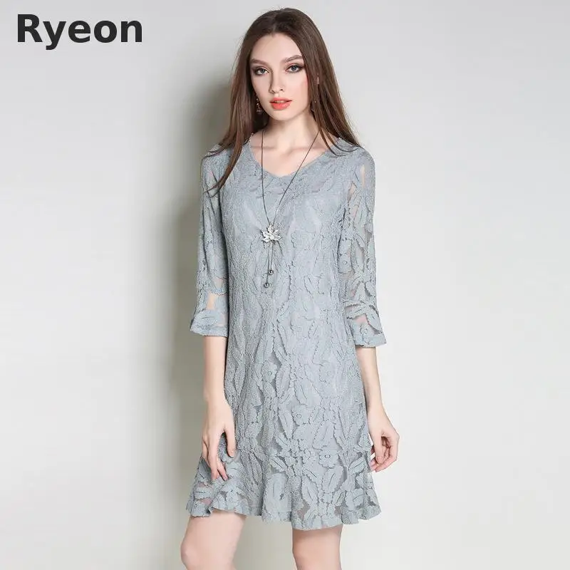 Ryeon L 5xl Плюс Размер Повседневная Кружева Женщин Dress Оборками Выше Колена мини Flare