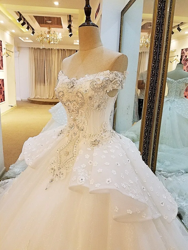 LS00081 свадебное платье с кружевомневесты цветок аппликации 3d плеча роскошь