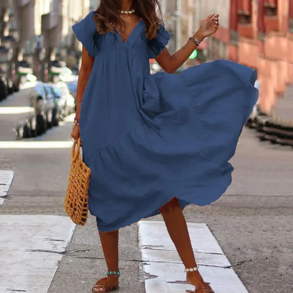 SAGACE женское платье девушка 2019 размера плюс сплошной цвет повседневное V образным