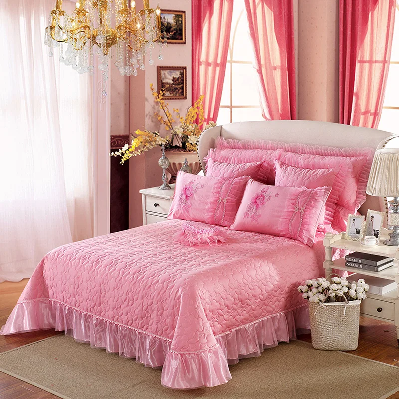 Free Shipping wholesale Korean applique embroidery ruffle lace wedding bedding set 4pcs bedspread full/queen/king size | Дом и сад