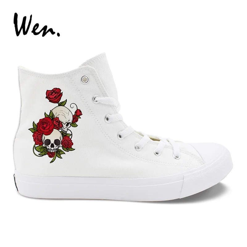 

Wen Design High Top Sneakers Skulls Flower Vines Red Rose Multifloras Floral Casual Canvas Shoes Unisex White Black Colors