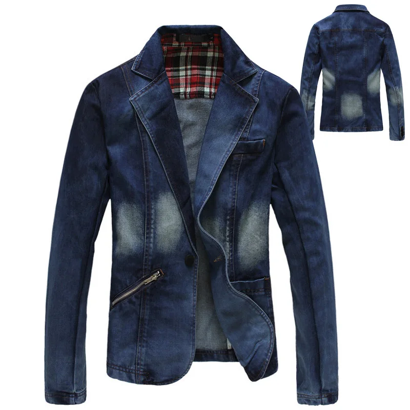 2013 Осенняя мода Для мужчин Slim Fit синие джинсы куртка Повседневное костюм воротник