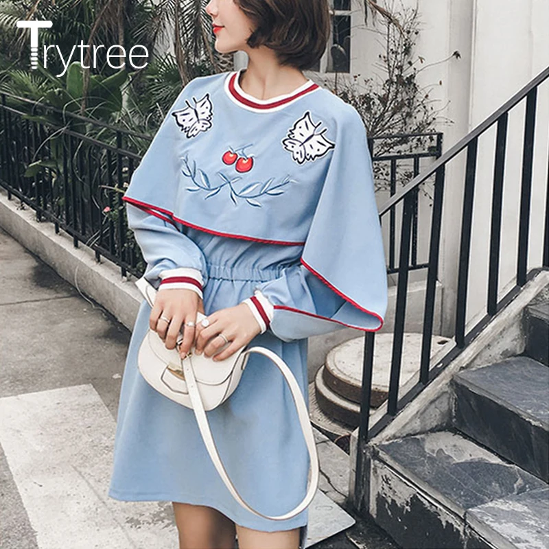 Trytree платье осень бабочка Вышивка женское летучая мышь рукав o-образным вырезом платья выше колена повседневное полиэфирное прямое платье