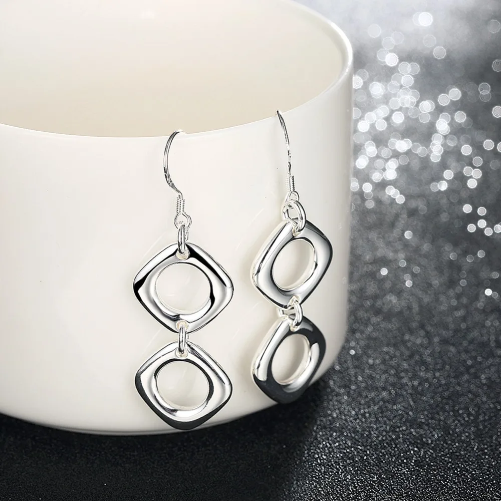 Серьги-подвески квадратные серебряного цвета E024 | Украшения и аксессуары