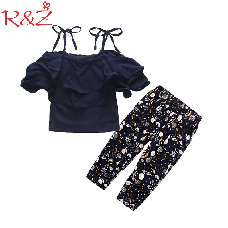 R& ZGirls/комплекты одежды модные топы для детей, штаны с цветочным рисунком комплект из двух предметов, детский летний костюм комплекты для девочек От 7 до 14 лет