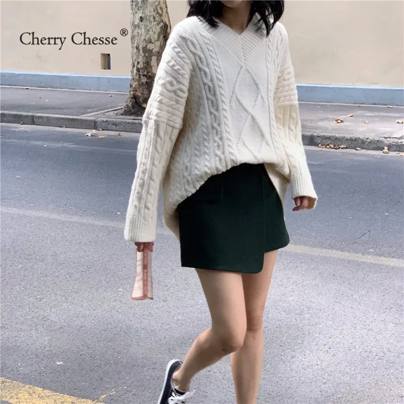 Cherry Chesse Women Autumn Twist Sweater Long Sleeve Solid V Neck Tops Female Casual Pullovers | Женская одежда
