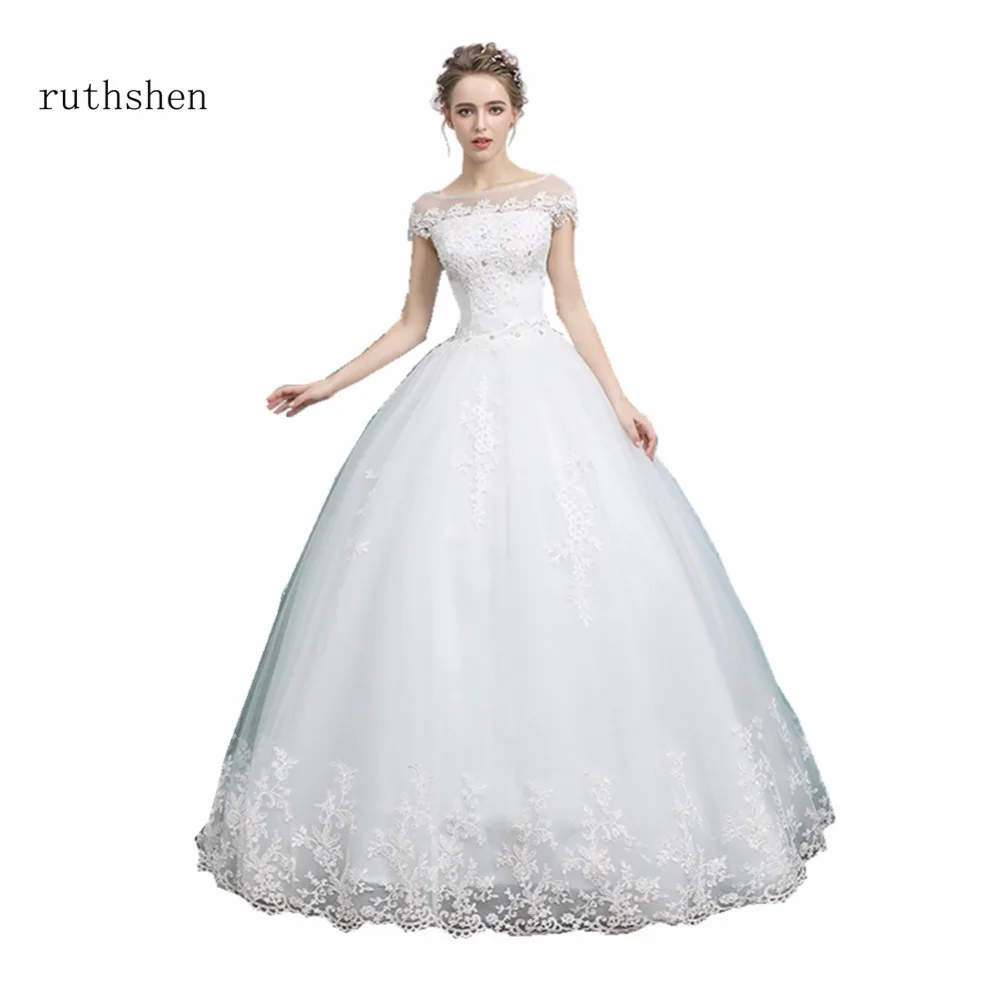 

Ruthshen Beadings Зубчатый воротник Vestidos De Novias Baratos 2020 Свадебные платья Аппликация Свадебные платья Robe De Mariage дешево