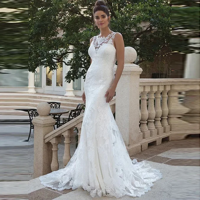 Свадебное платье русалки, кружевное, с круглым вырезом, Boho, свадебное платье без рукавов, открытая спина, аппликация, свадебные платья, vestido novia