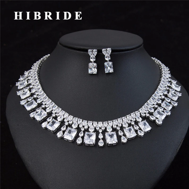 HIBRIDE новый дизайн квадратный кубический циркон круглый ожерелье серьги наборы