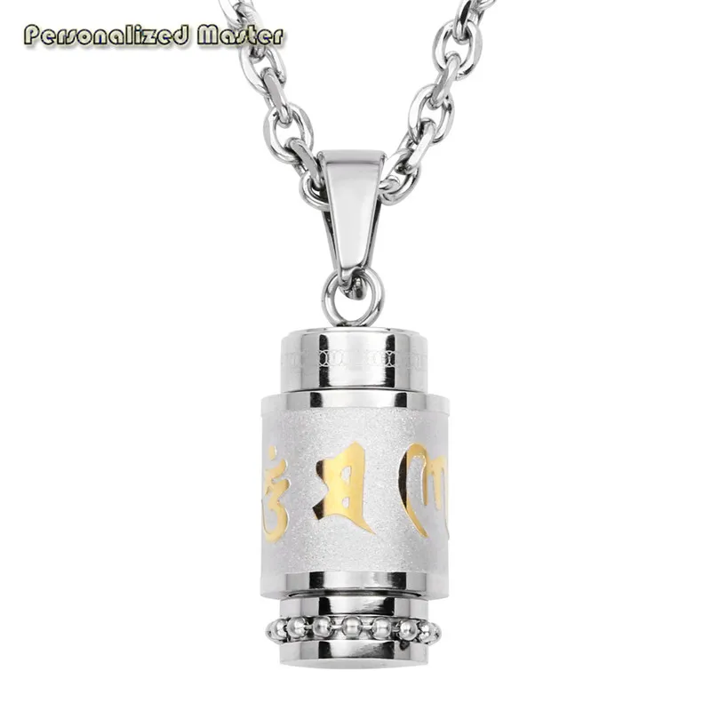 

Personalized Master Silver Color Om Mani Padme Hum Cremation Memorial Urn Ashes Filler Bottle Locket Stainless Steel Necklace