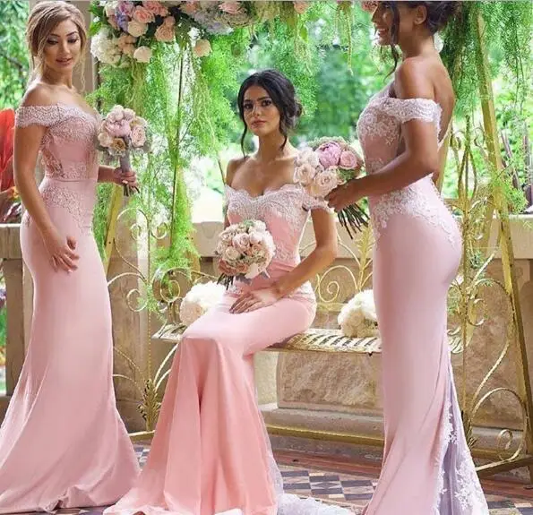 

2018 New Custom Made Sexy Mermaid Long Bridesmaid Dresses Pink Lace Applique For Wedding Party With Train