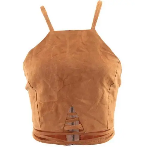 Летний винтажный коричневый укороченный топ на бретелях из искусственной кожи