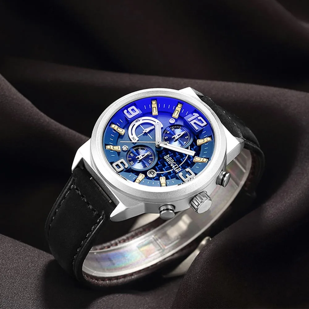 Мужские часы с хронографом водонепроницаемые большим циферблатом кварцевые