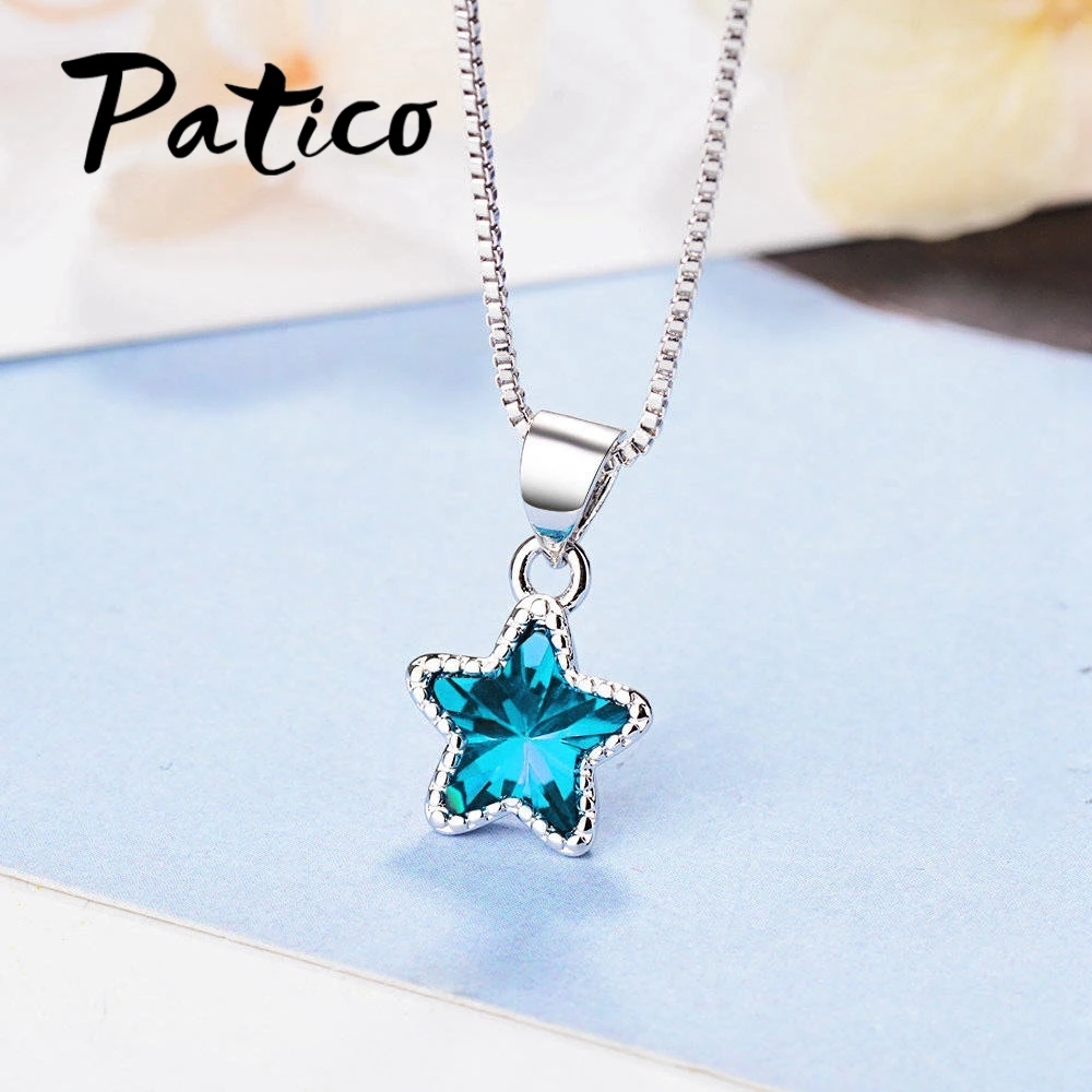 Fashion 925 Sterling Silver Necklace For Women Jewelry Charm Blue Star Crystal Pendants Accessories Party Girl Lady | Украшения и