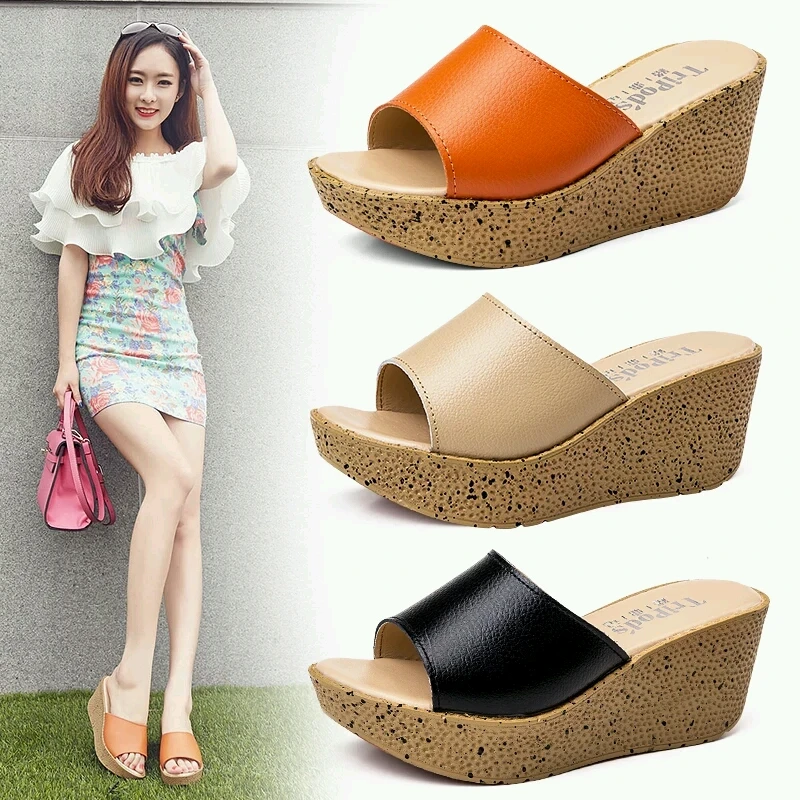 Шлепанцы женские из натуральной кожи сандалии на платформе и высоком каблуке