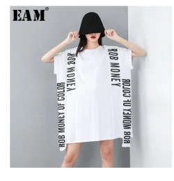 [EAM] Новинка весны summerFashion желтый свободные короткий рукав плиссированные раза асимметрия О-образным вырезом простые женские модельные S206