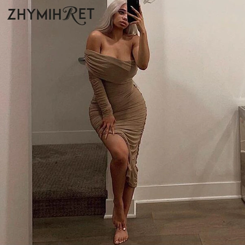 Женское Сетчатое платье с рюшами ZHYMIHRET до щиколотки длинным рукавом и разрезом по