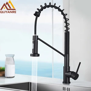 Матовый черный кухонный смеситель на пружине, Однорычажный Выдвижной кран для раковины, горячая и холодная вода
