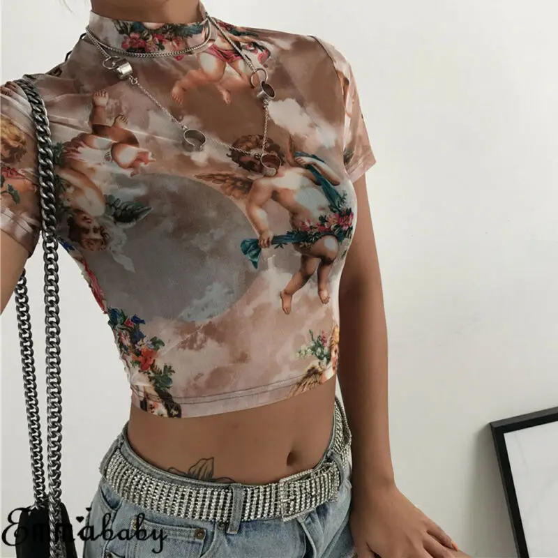 2019 модная футболка с принтом ангела коротким воротником Сетчатая рукавом