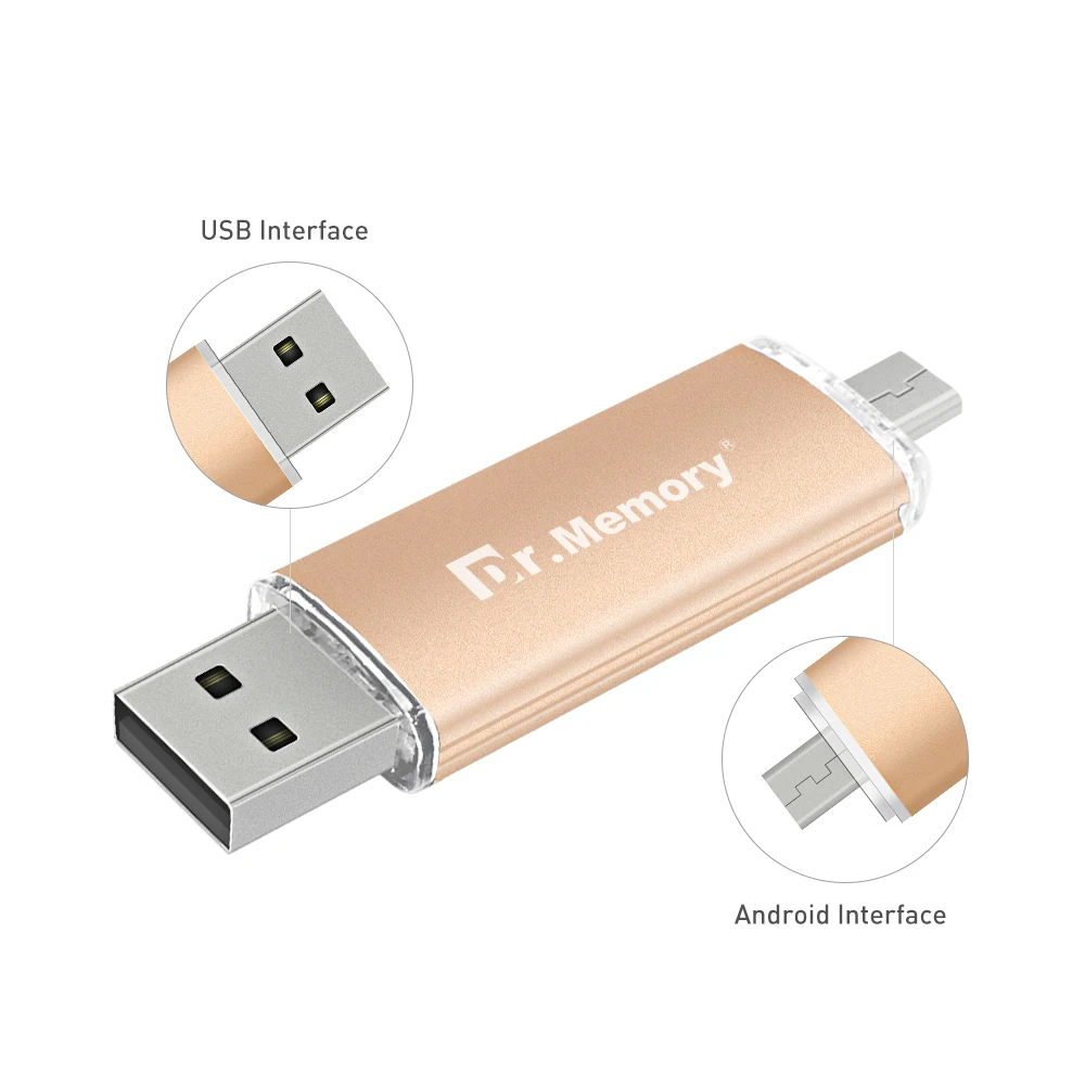 Флеш накопитель Dr.memory цвета шампанского металлический OTG USB флеш объемом 32 ГБ 64 128