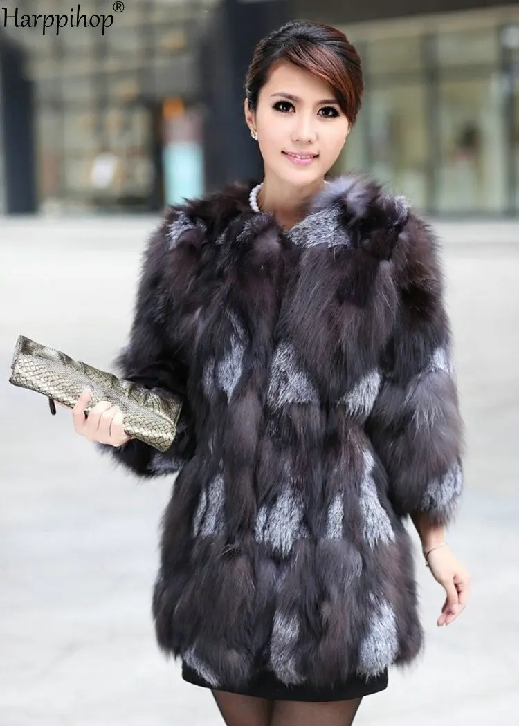 

Luxury Lady Genuine Real Fox Fur Coat Jacket 3/4 Sleeve Winter Women Fur Outerwear Coats Trench Overcoat Clothing