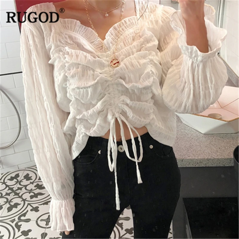 RUGOD шифоновые элегантные однотонные женские блузки с расклешенными рукавами v