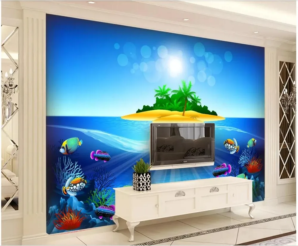 

Custom photo mural 3d wallpaper Blue ocean island cartoon fish tv background wall home decor living room wallpaper for walls 3d